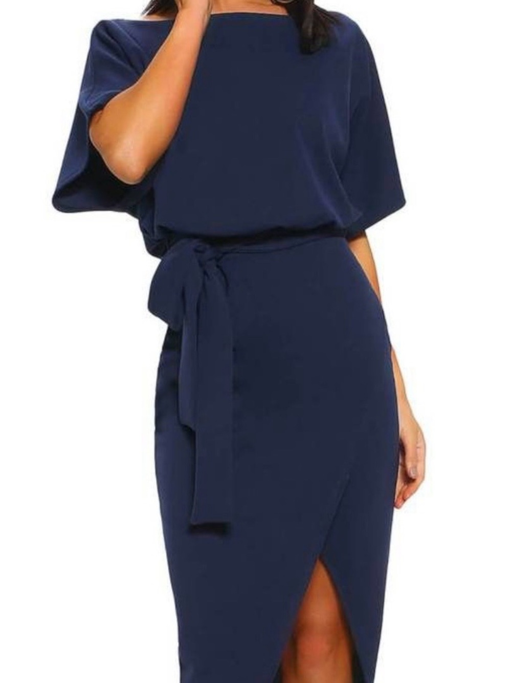 Navy Midi Dress with Tie Waist